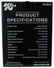 Load image into Gallery viewer, K&N Universal Rubber Filter 3 1/2inch ID FLG / 6inch Base / 4-5/8inch Top / 6inch Height