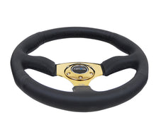 Load image into Gallery viewer, NRG Reinforced Steering Wheel (350mm / 2.5in. Deep) Leather Race Comfort Grip w/4mm Gold Spokes
