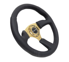 Load image into Gallery viewer, NRG Reinforced Steering Wheel (350mm / 2.5in. Deep) Leather Race Comfort Grip w/4mm Gold Spokes
