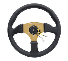 Load image into Gallery viewer, NRG Reinforced Steering Wheel (350mm / 2.5in. Deep) Leather Race Comfort Grip w/4mm Gold Spokes
