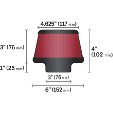 Load image into Gallery viewer, K&amp;N Universal Round Clamp-On Air Filter 3in Flange ID x 6in Base OD x 4.625in Top OD x 3in Height
